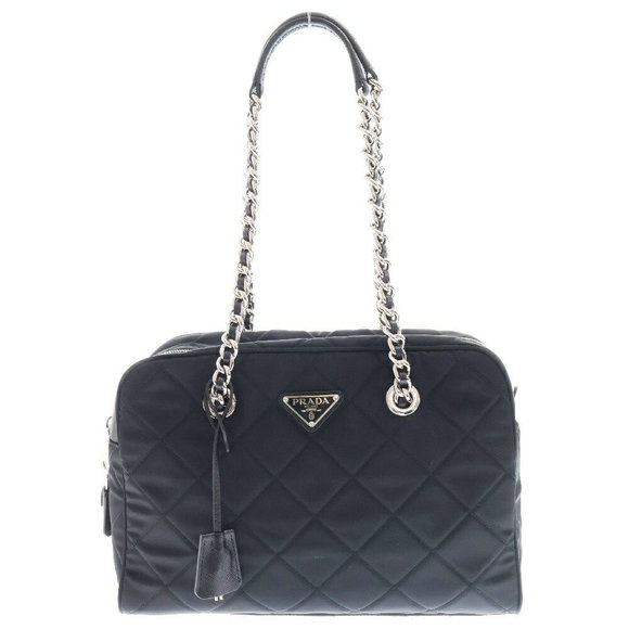 Prada Impuntou Nylon Chain Tote Bag Boston Black Quilted Triangle Plate - Picture 1 of 6